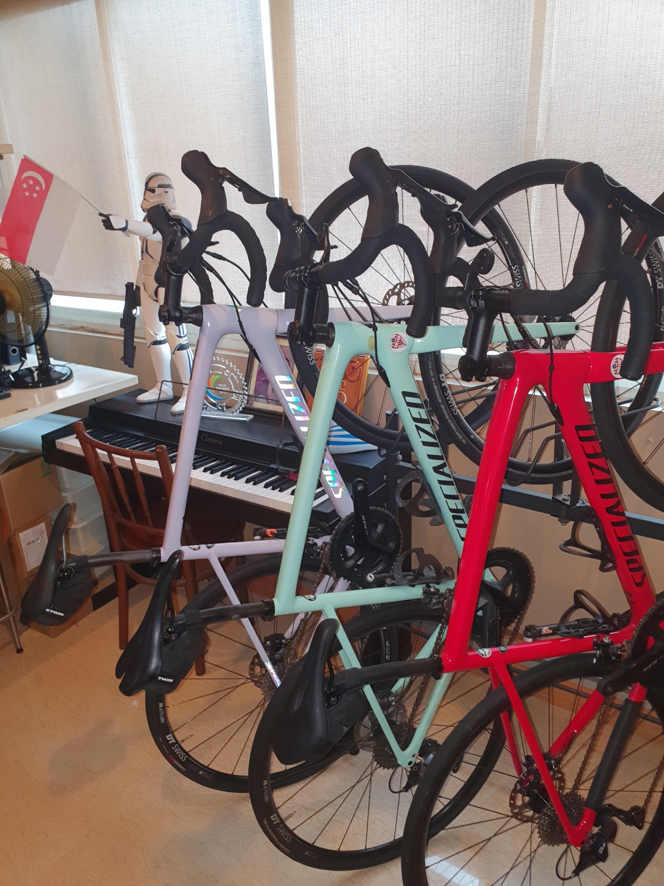 Rack of Specialized carbon road bikes in the Valley Cycles studio